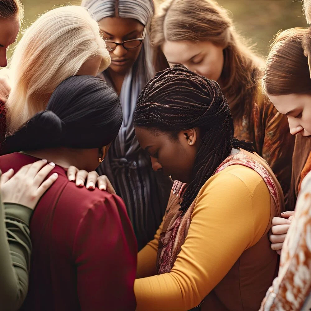 A circle of women praying with their hands on each other's shoulders